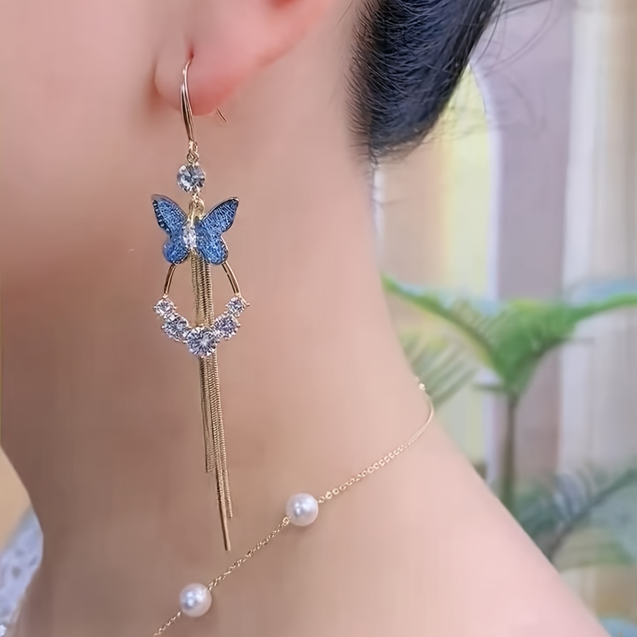 Women's Luxurious Blue Butterfly Tassel Earrings, Exquisite