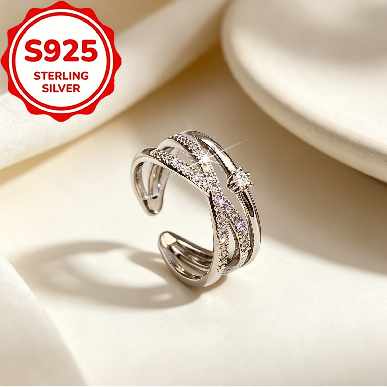 Women's S925 Silver Cross Double-Layer Open Ring with Synthetic Zirconia