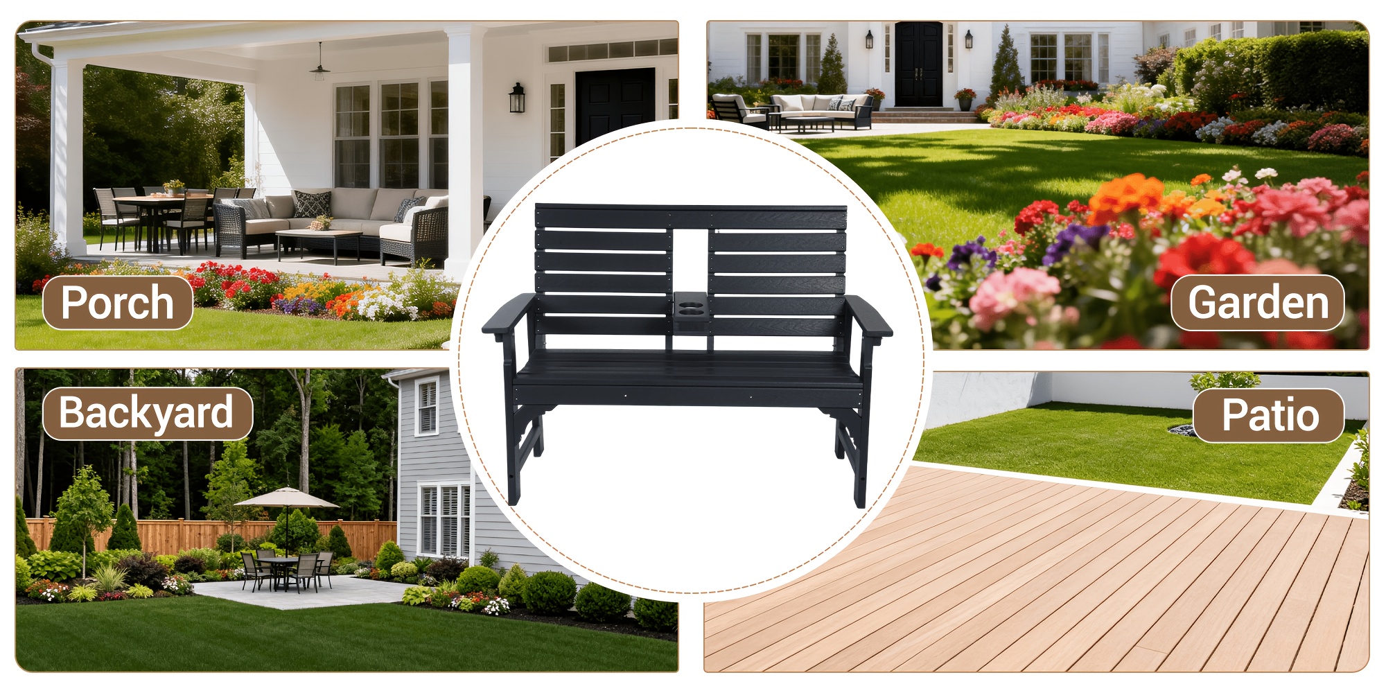 Patio Bench Designed for Two, Featuring Cup Holders And Made from HDPE, Ideal for Gardens And Porches, with Resistance to Fading And Rotting
