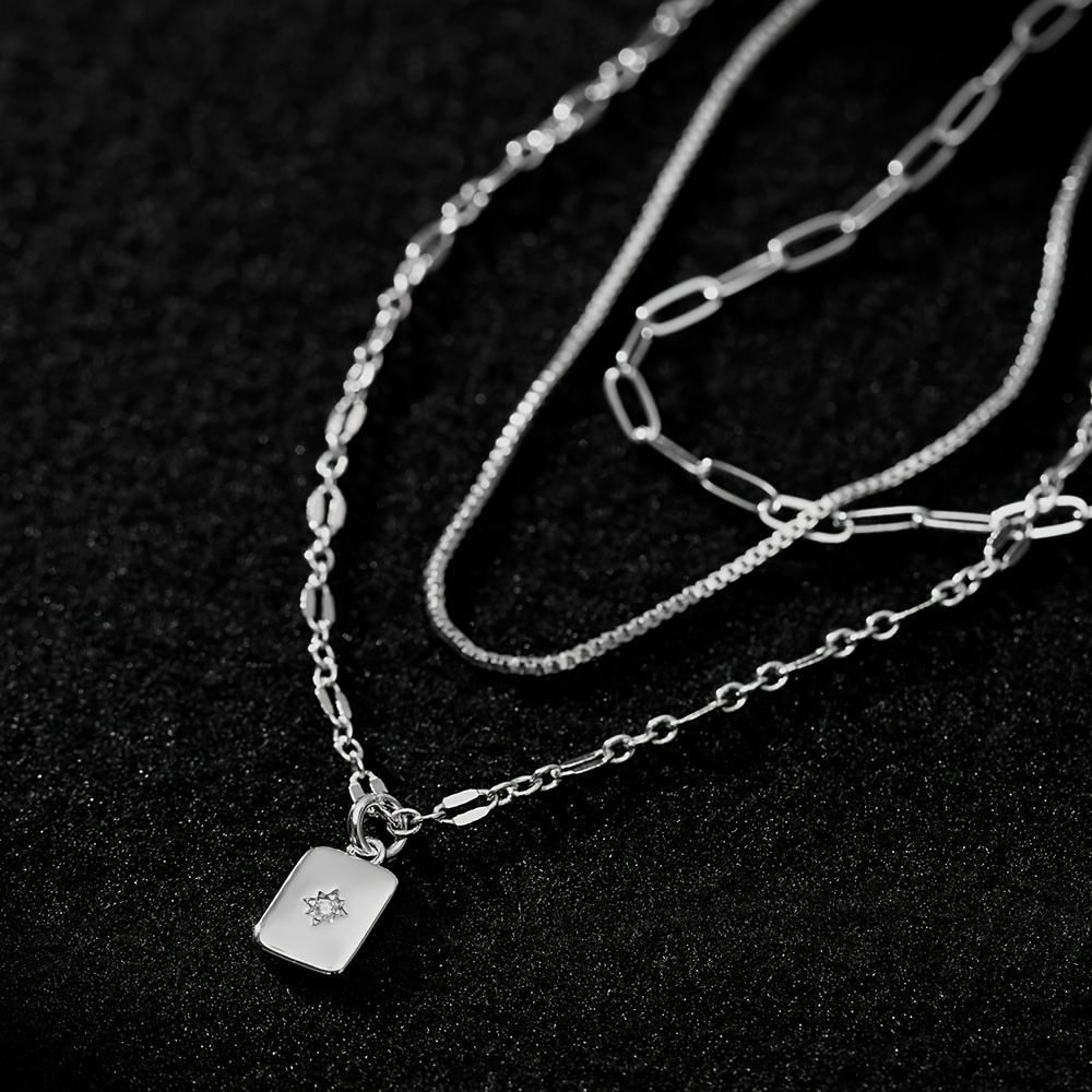 Paperclip Necklace Set with Zirconia Pendant - 3pcs