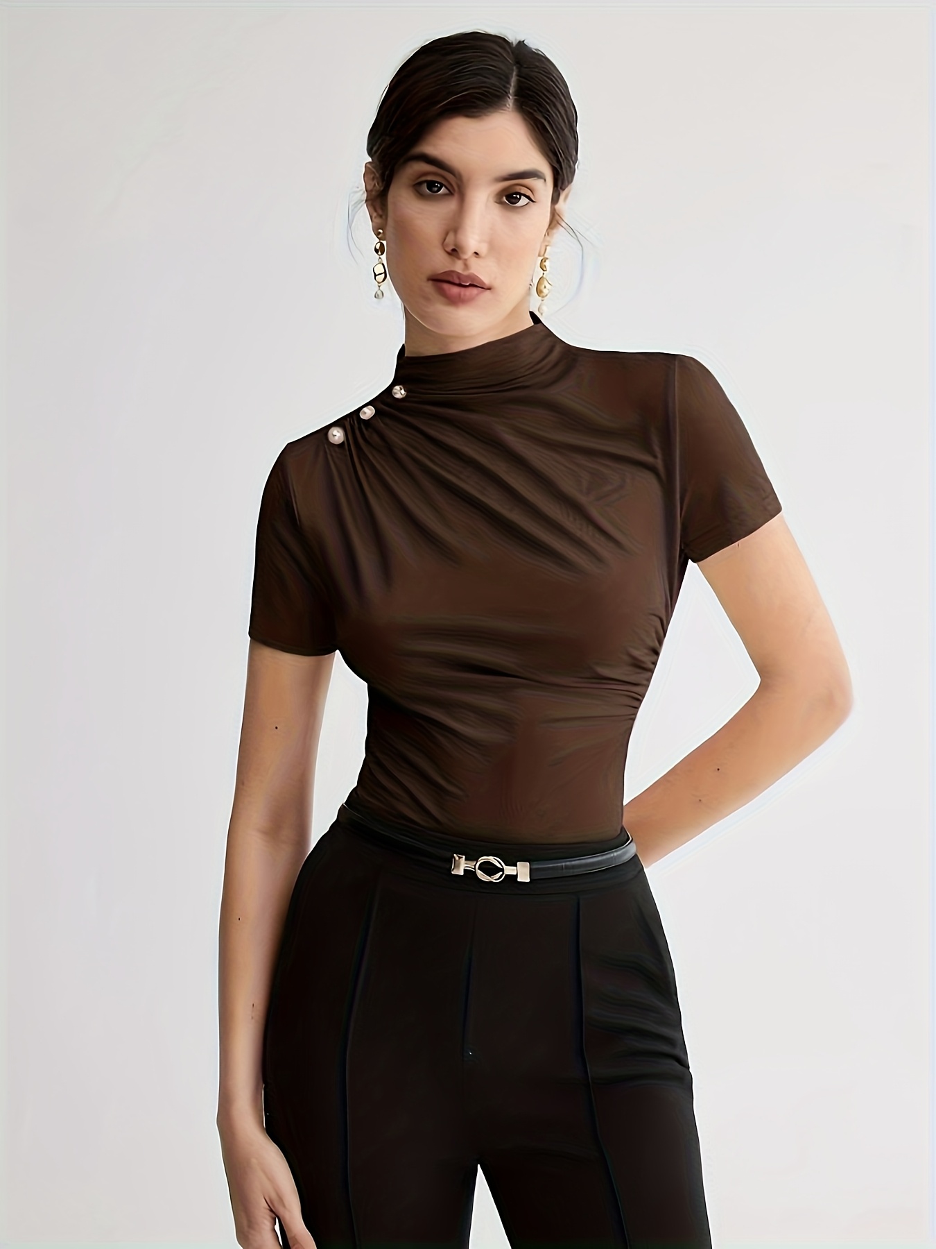 Summer New Arrival Design Sense Versatile Solid Color T-Shirt Short Sleeve Top with Shoulder Button Decor