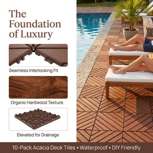 10pcs Striped Pattern Interlocking Deck Tiles, 12x12 Inch Acacia Hardwood Flooring Tiles, Wood Plastic Composite DIY Patio Tiles, Anti-Mildew Cuttable Outdoor Floor Tiles for Balcony Poolside Garden Porch