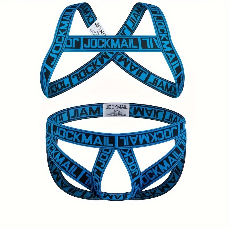 Men's Random Letter Pattern Elastic Silky Muscle Harness And Sexy Hollow-Out Chest Band With Matching Briefs Set Sexy Clothing For Men