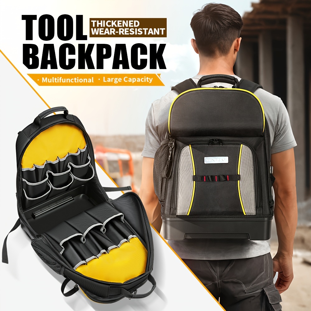 

Winhunt Heavy-duty Tool Backpack - Waterproof & Polyester, Black With Yellow Accents, Large Capacity With Multiple Compartments, Ideal For Electricians, Industrial & Construction Workers