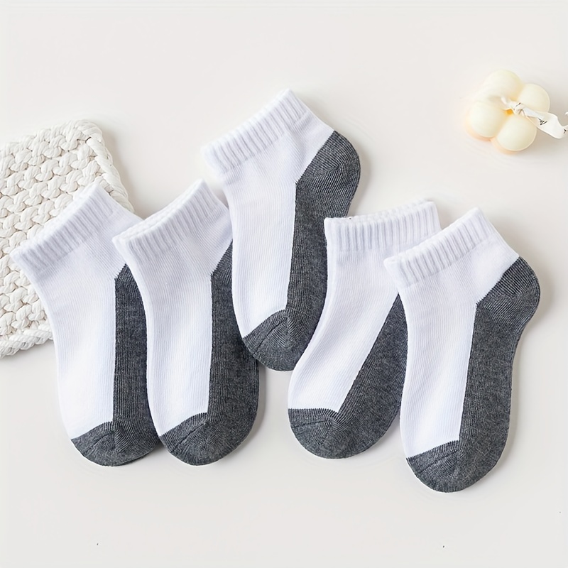 5 Pairs Kids' Ankle Socks -, Solid & Color Block Designs, Breathable Polyester Blend, Perfect For
