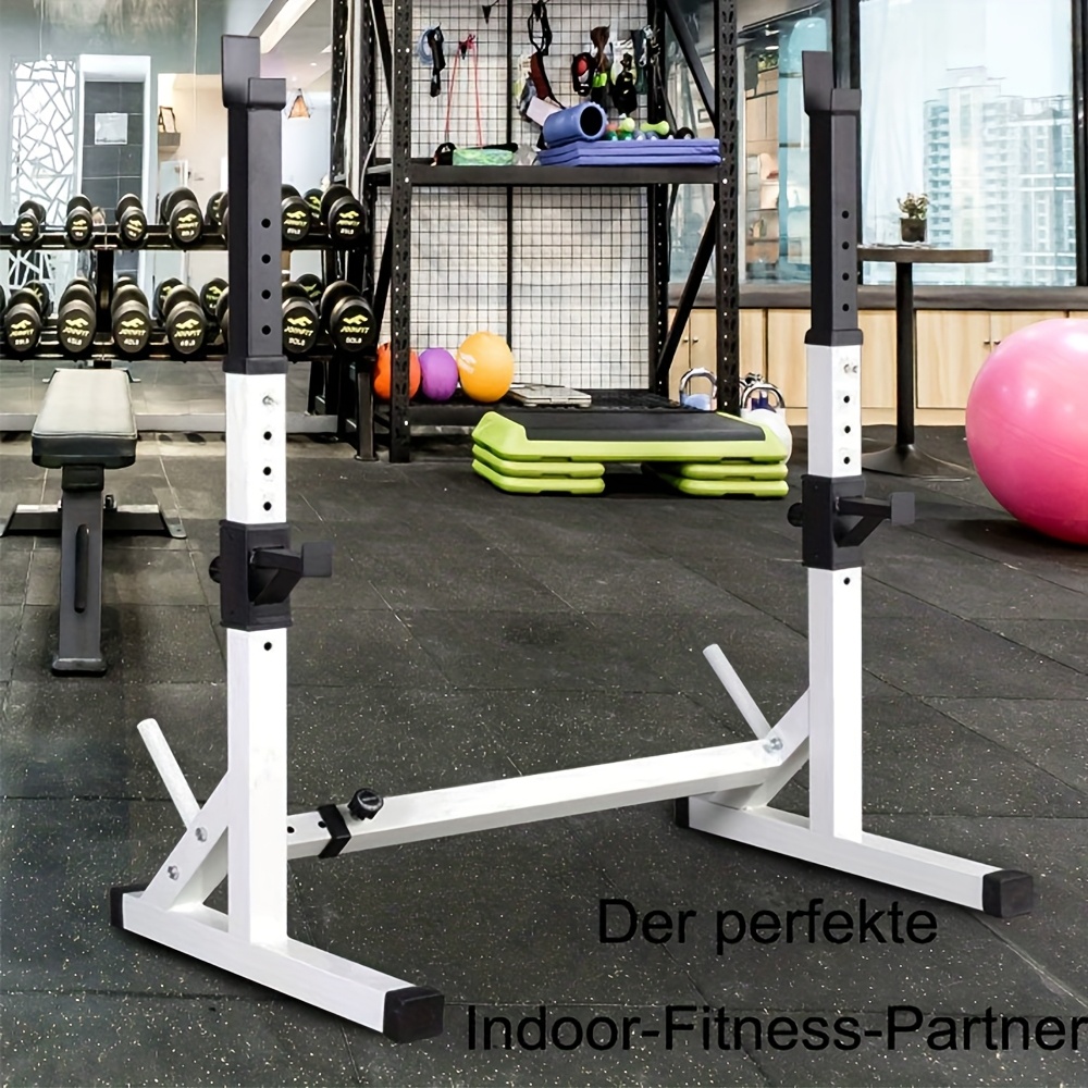 Image of Adjustable Squat Rack Heavy Duty 200kg - Mobile Fitness Equipment For Home/commercial Use, With Locking Wheels And Safety Pins, Length 73-105cm, Height 80-150cm | Black And White, Space- Design