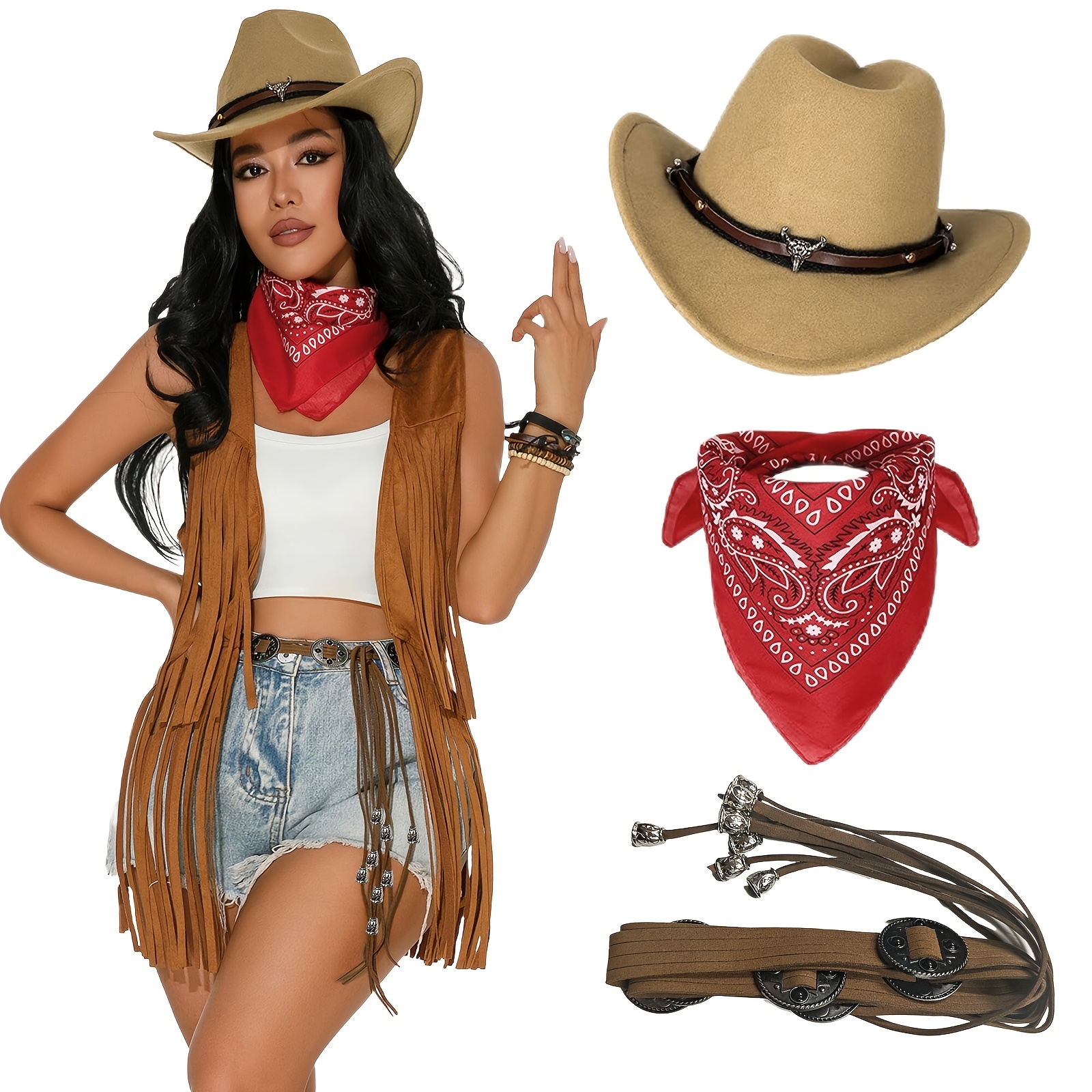 Image of 3pcs Denim Suit (hat, Scarf And Belt) Women's Western Cowboy Suit, Ladies' Suit, Event Party Suit