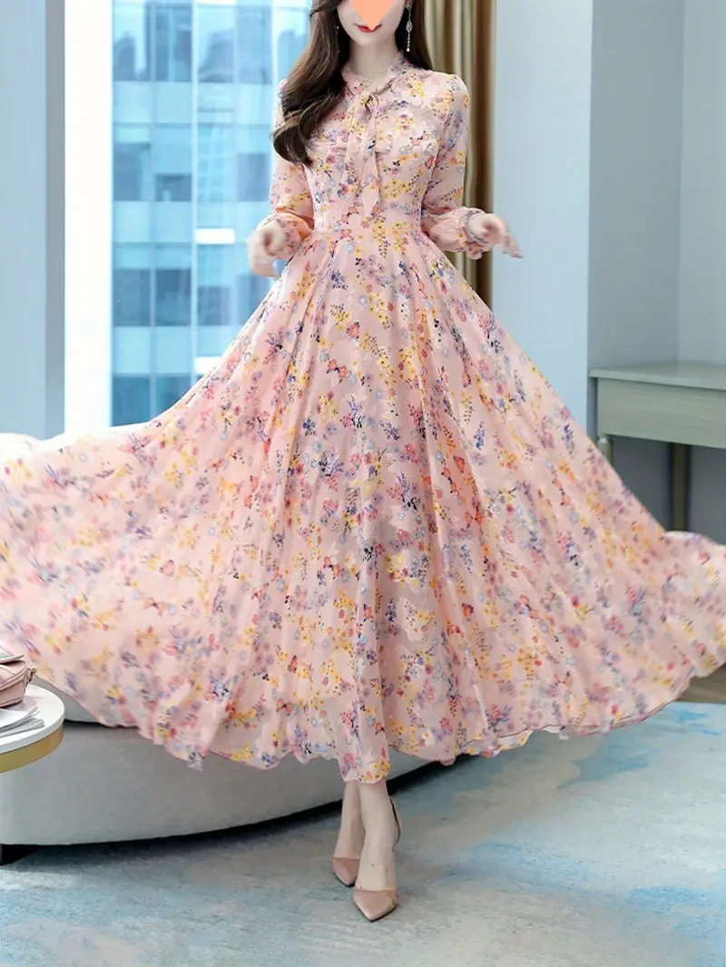 bowknot v neck floral chiffon dress fashionable and casual long sleeved waist wide hem bohemian style printed long skirt Product details 2