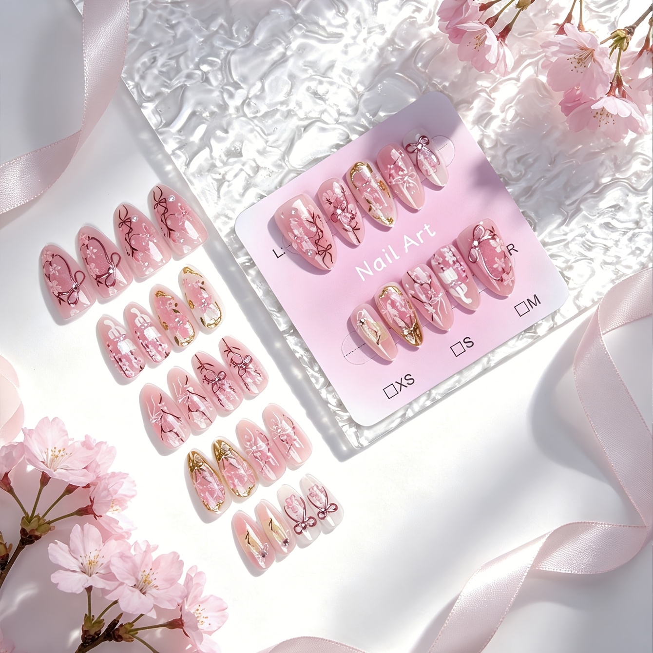 TEMU 30pcs (xs S M Sizes) / 1 Pack Pink Cherry Cat Handmade Press On Nails, Almond Shape Bow Pearl Rhinestone Fake Nails, Gentle Floral Reusable Nail