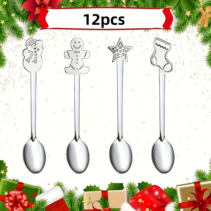 

12pcs Christmas Spoons Set, 4 Handle Designs, Stainless Steel Mixing Spoons, Coffee Teaspoons, Dessert Spoons, Creative Tableware For Party Decor, Kitchen & Dining Utensils