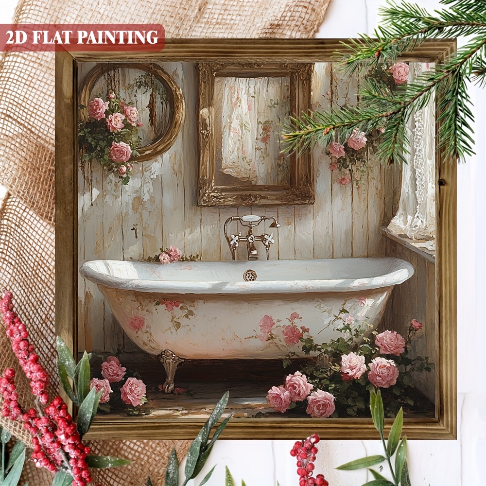 TEMU 2d Flat, 1pc, Elegant Floral Bathroom Art Wooden Sign 8x8 Inch, With Framed Bathtub & Roses Design Wall Hanging Decorative Sign For , Bathroom,