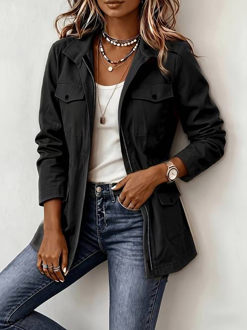 autumn womens casual jacket utility multi pocket cinched waist all match outerwear