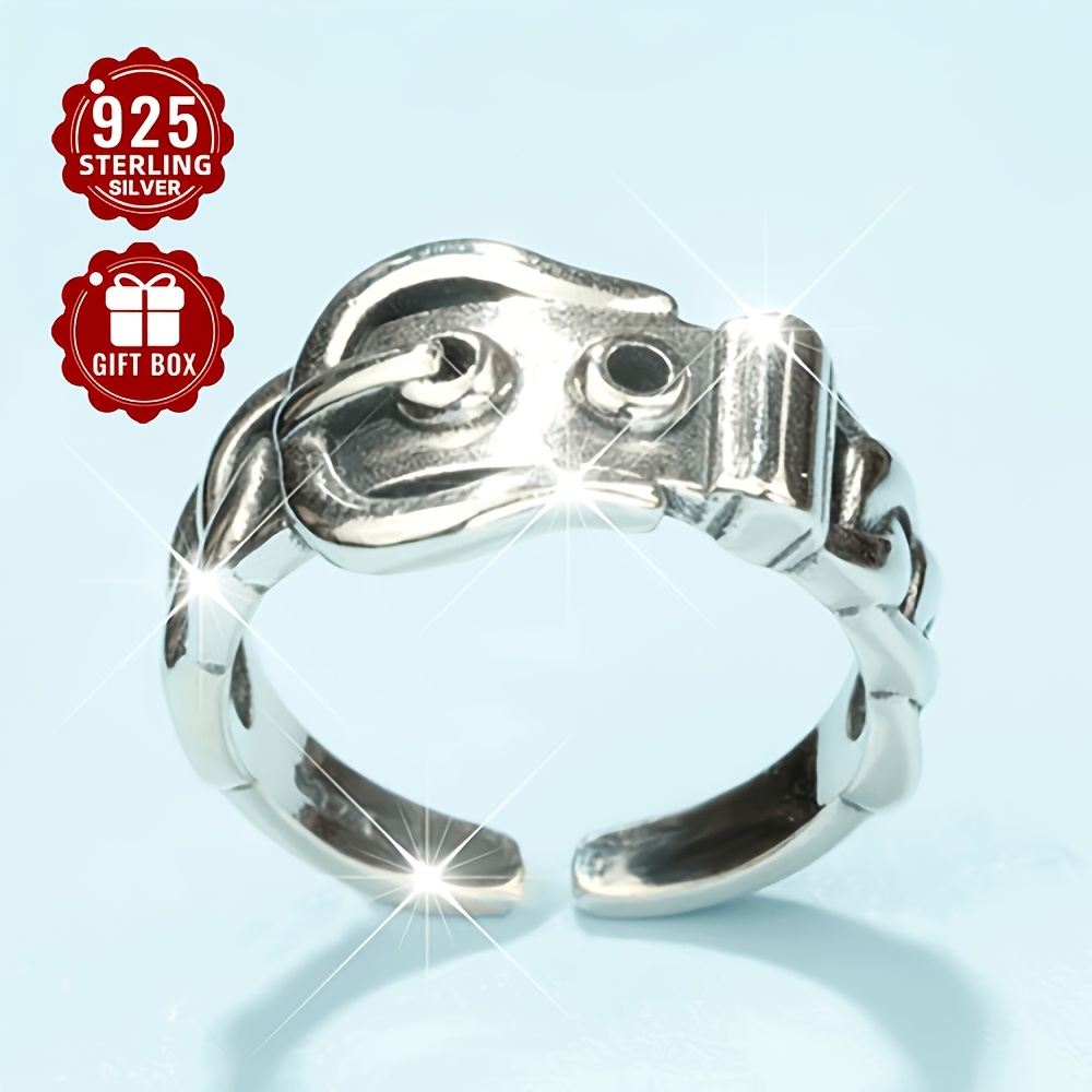 Vintage Hip Hop Belt Buckle Style Open Ring S925 Sterling Silver Adjustable