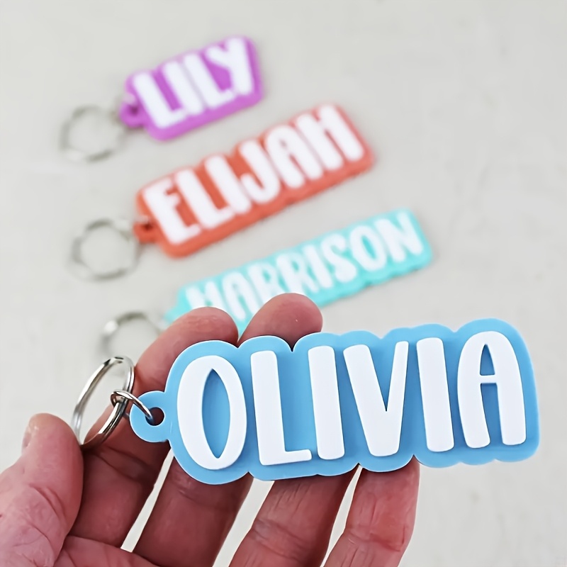 TEMU 3d Custom Acrylic Keychain | Personalized Double Layer Name Pendant | Vibrant Purple, Mint Green, And Yellow "" Design | Perfect For Bags,