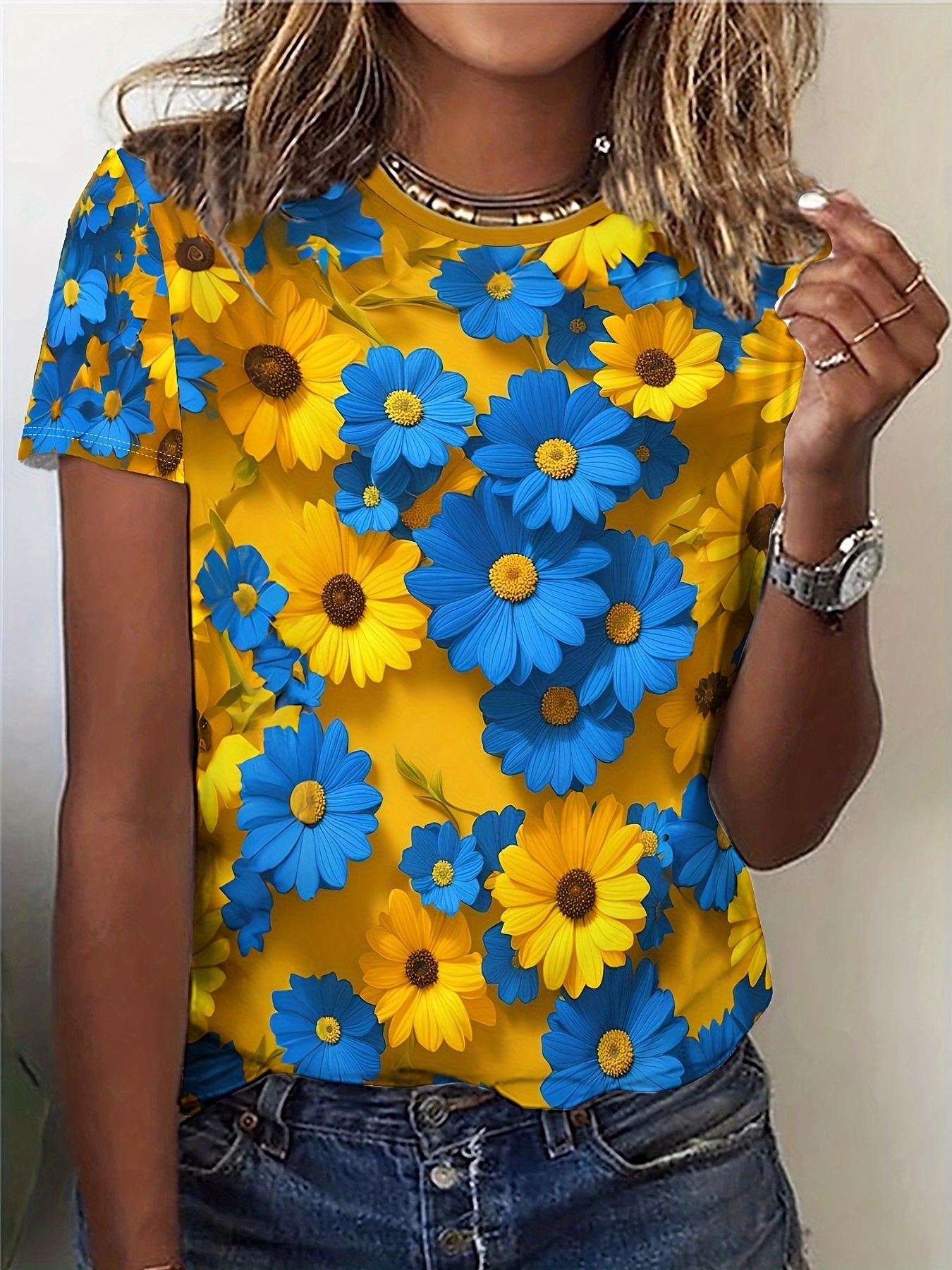blue shirt with yellow flowers sold on Temu United States