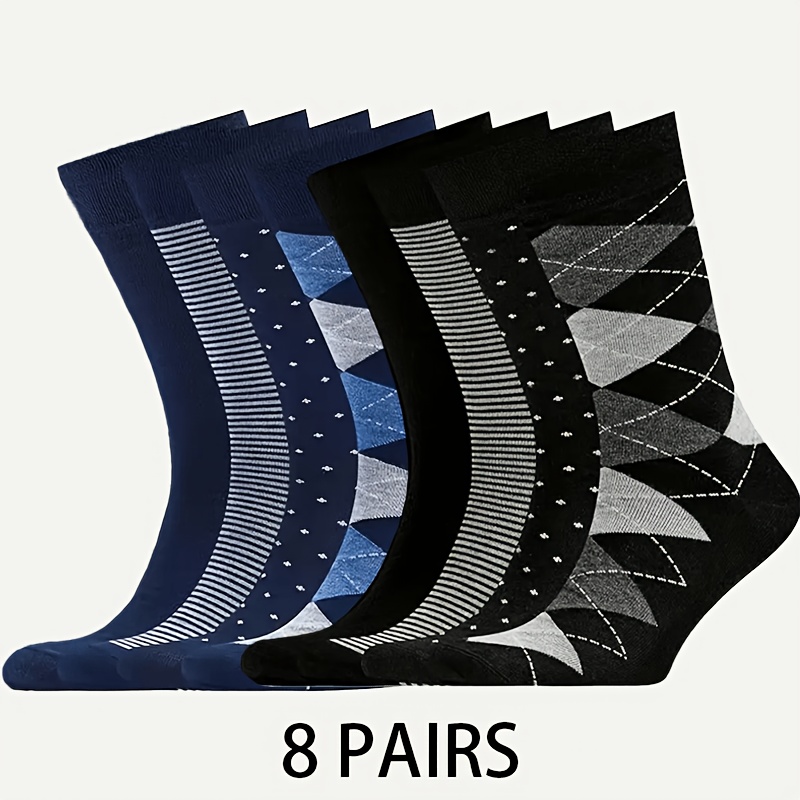 TEMU 8 Pairs Breathable Comfortable Unisex Business Socks, Navy, With Checkered/striped/polka Dot Elements, And Non-stuffy, Suitable For Suits And