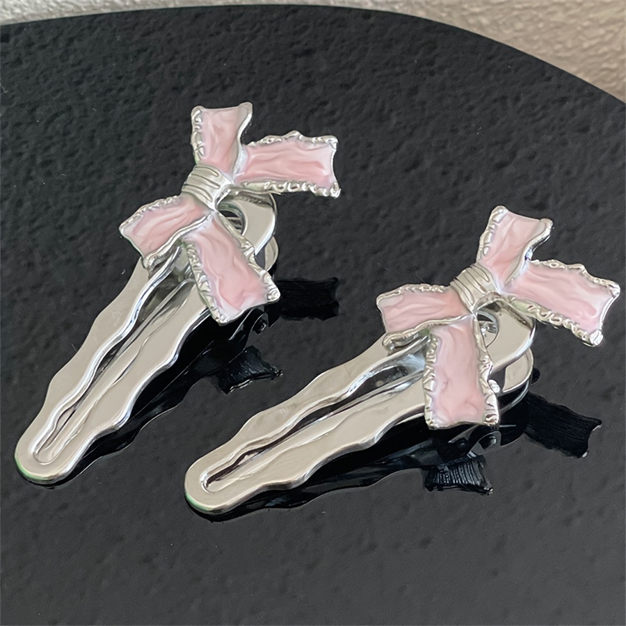 1pc/2pcs Women's Pink Y2k Style Sweet Bow Hair Clip, Cute Headwear For Daily Use, Forehead Bangs Side Clip, Bow Clip, Duckbill Clip Hair Accessories