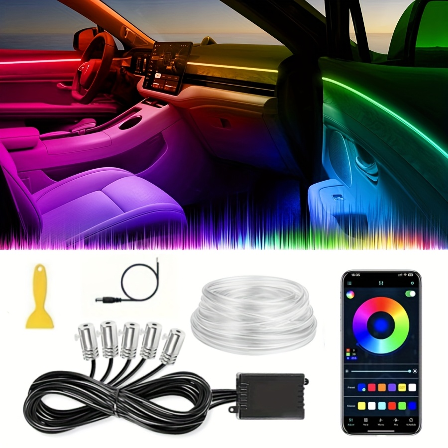 TEMU 1/2pcs Interior Car Led Strip Lights App Control, 5 In 1 Rgb 16 Million Colors Ambient Lighting Kit With 236 Inches Fiber Optic, Inside Car Lighting Accessories, Without Battery