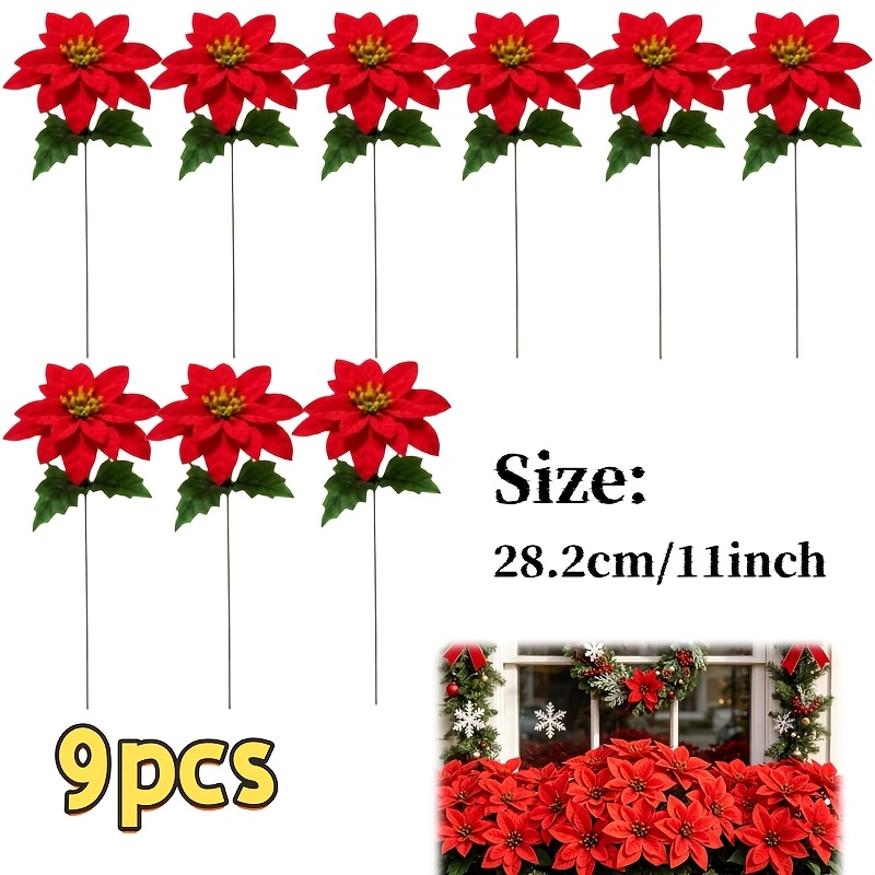 TEMU 9pcs Fleurs Artificielles Rouges Premium, Haute Réalisme, Idéal pour Décoration de Fêtes. Convient pour Maison, Couronnes, Thèmes de Noël, Fêtes