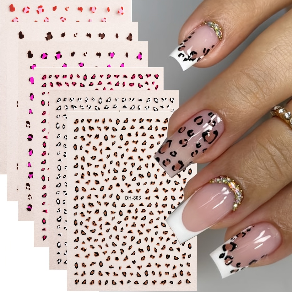 Image of 6 Sheets Leopard Print Nail Art Stickers Leopard Nail Decals Cow Zebra Animals Ins Autumn Winter Design 3d Self-adhesive Nail Supplies French Glitter Nail Tips Manicure Decorations