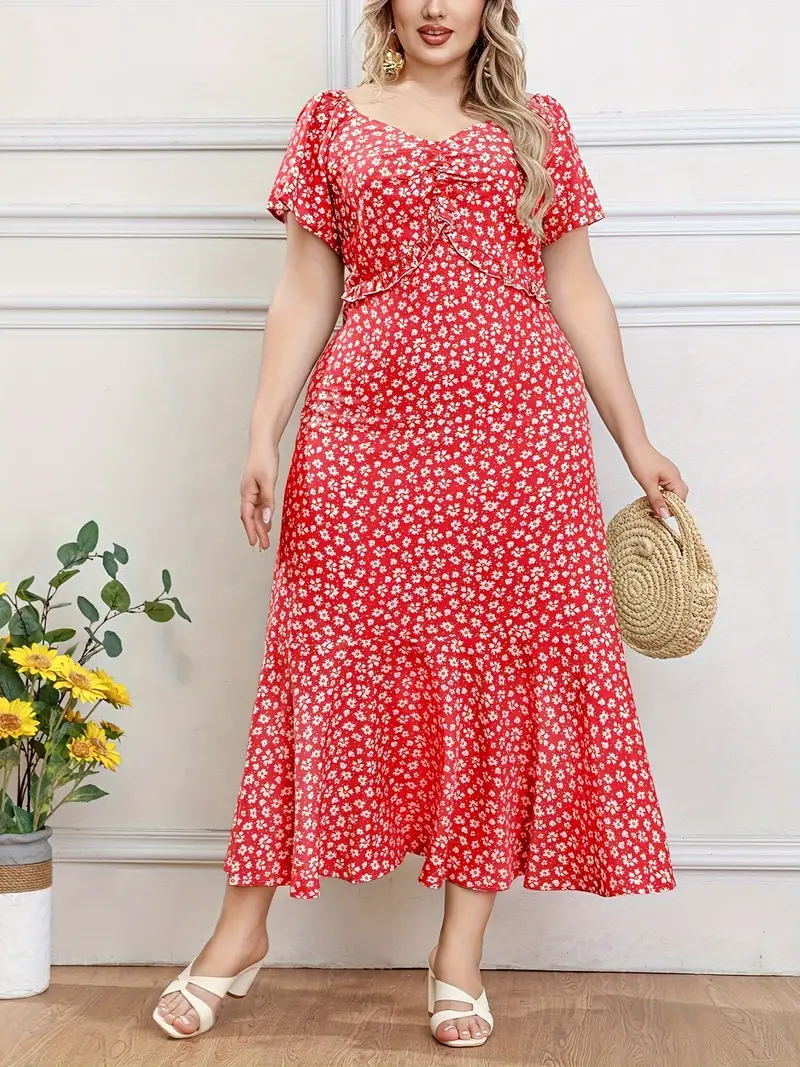 Plus Size Floral Print Dress Casual Short Sleeve V Neck - Temu Canada
