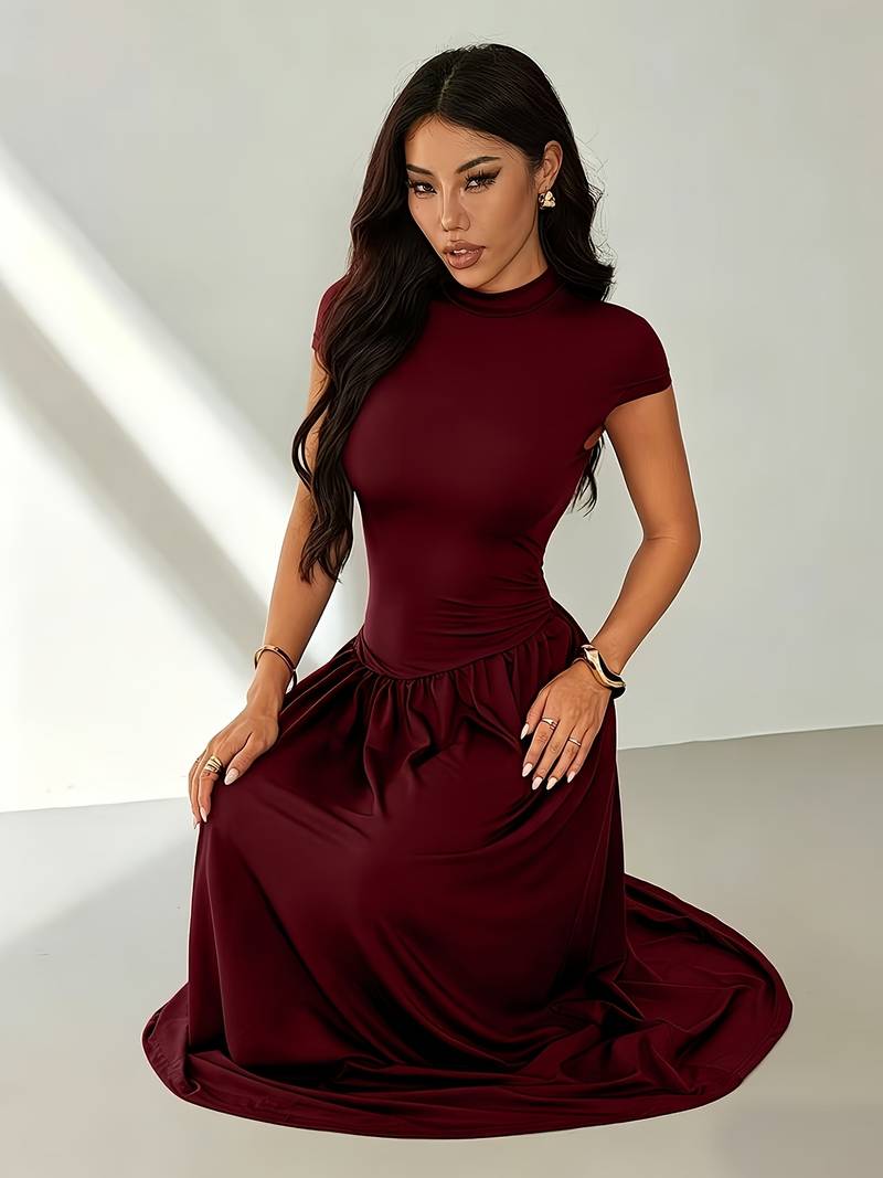 Women's Solid Color Stand Collar Puff Sleeve Pleated Long Casual Dress, Summer Dress