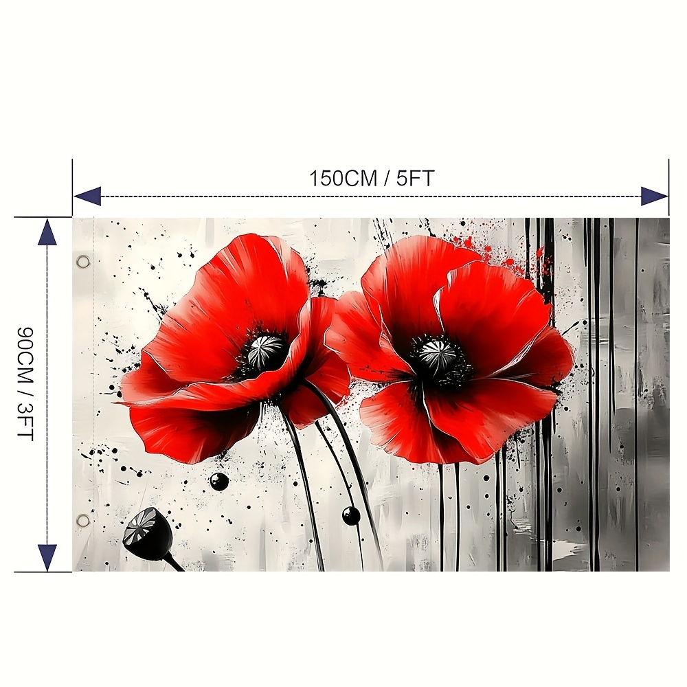 TEMU 1pc Vibrant Red Poppy Floral Flag - Durable Polyester, 2d Flat Printed, Soft 150x90cm, Single-sided Design For Outdoor Garden & Yard Decor, No