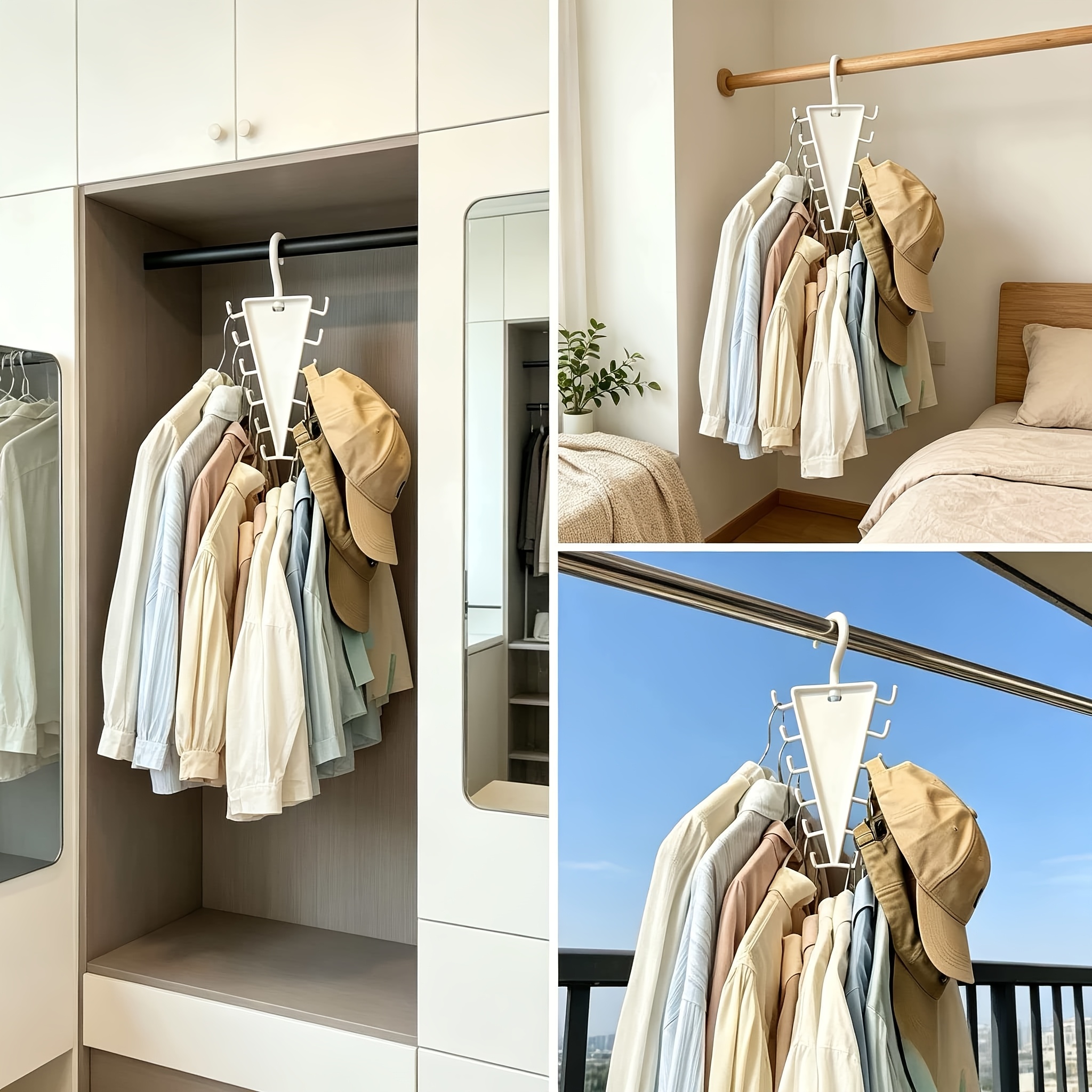 2pcs 360 rotatable triangular wardrobe organizer hanging rack multi functional clothes and hat hook 12 hooks space saving closet storage rack suitable for hats scarves ties handbags underwear belts briefs for home bedroom organization Product details 7