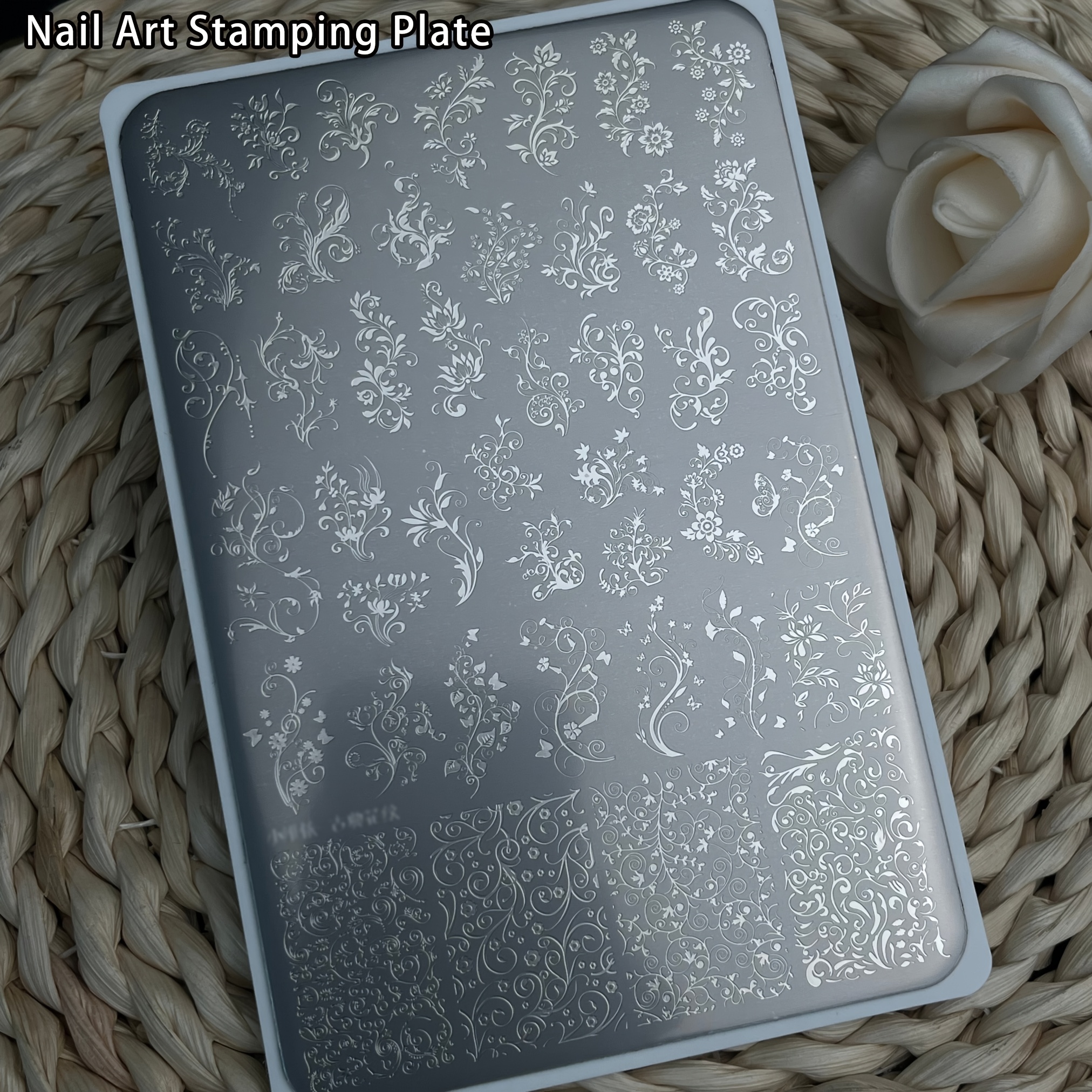 TEMU Plaque de stamping pour ongles à motif de florale vintage, 1 pièce, motif élégant de européennes, pochoir réutilisable pour ongles, bricolage