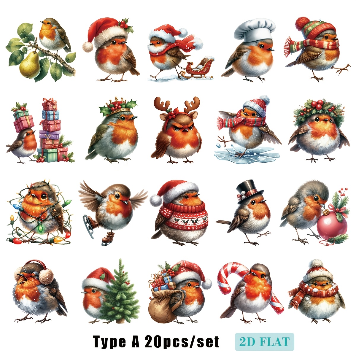 Image of A Set Of 20 Handmade Creative Vintage Christmas Robin Series Stickers, Designed As 2d Stickers Suitable For Decorating Junk Journals, Notebooks, Scrapbooks, And Planners