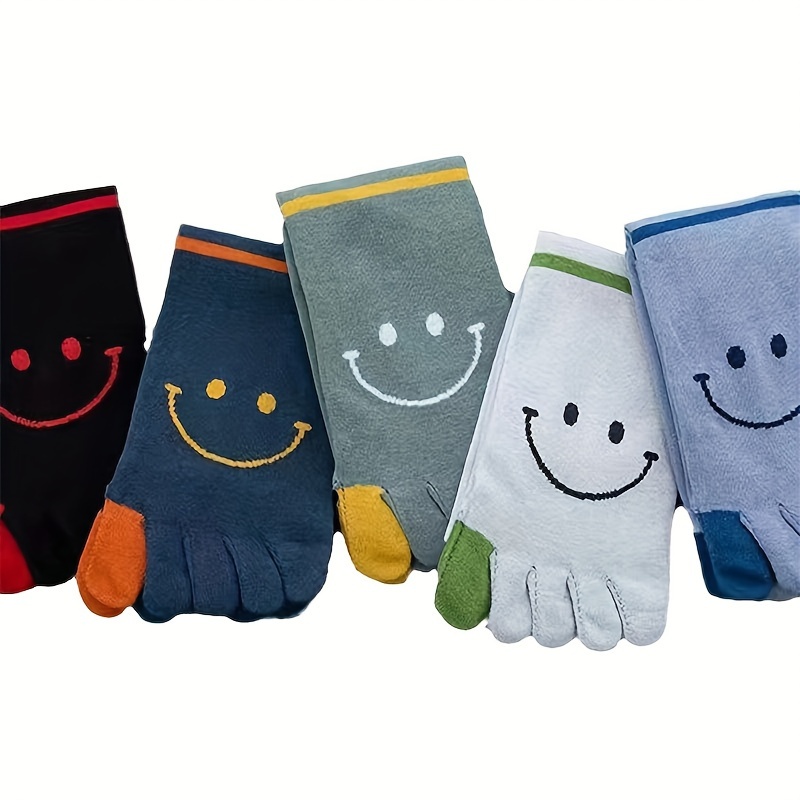 

5 Pairs Of Men's Cotton Blend Anti Odor & Sweat Absorption Happy Face Pattern Split Toe Crew Socks, Comfy & Breathable Socks, For Daily Wearing, Spring And Summer