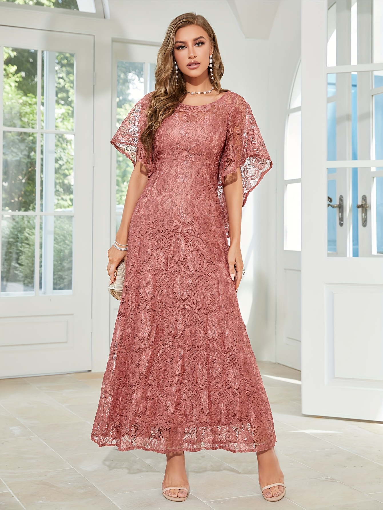 Women'S Round Neck * Short Sleeve Solid Lace Embroidered Flared Ball Gown  Dress