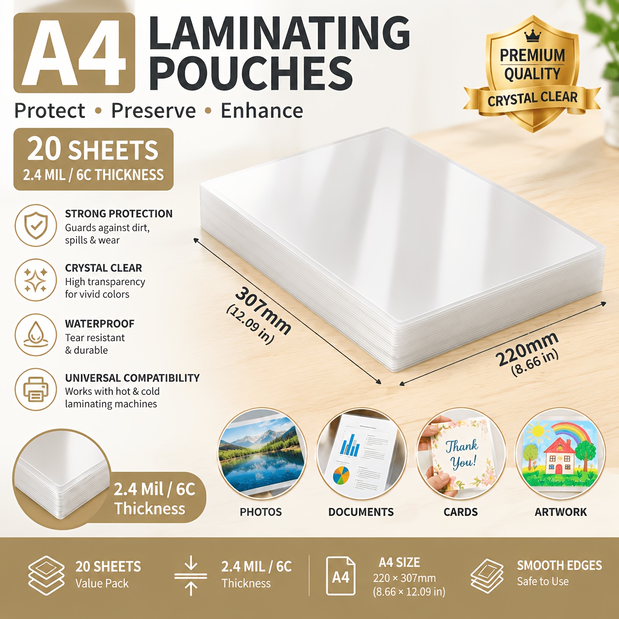 TEMU A4 Laminating Pouches, Pack Of 20, 2.4 Mil/6c Thickness Hot Laminating Film, 220×307mm (8.66×12.09 Inches) Laminating Pouches, Suitable For