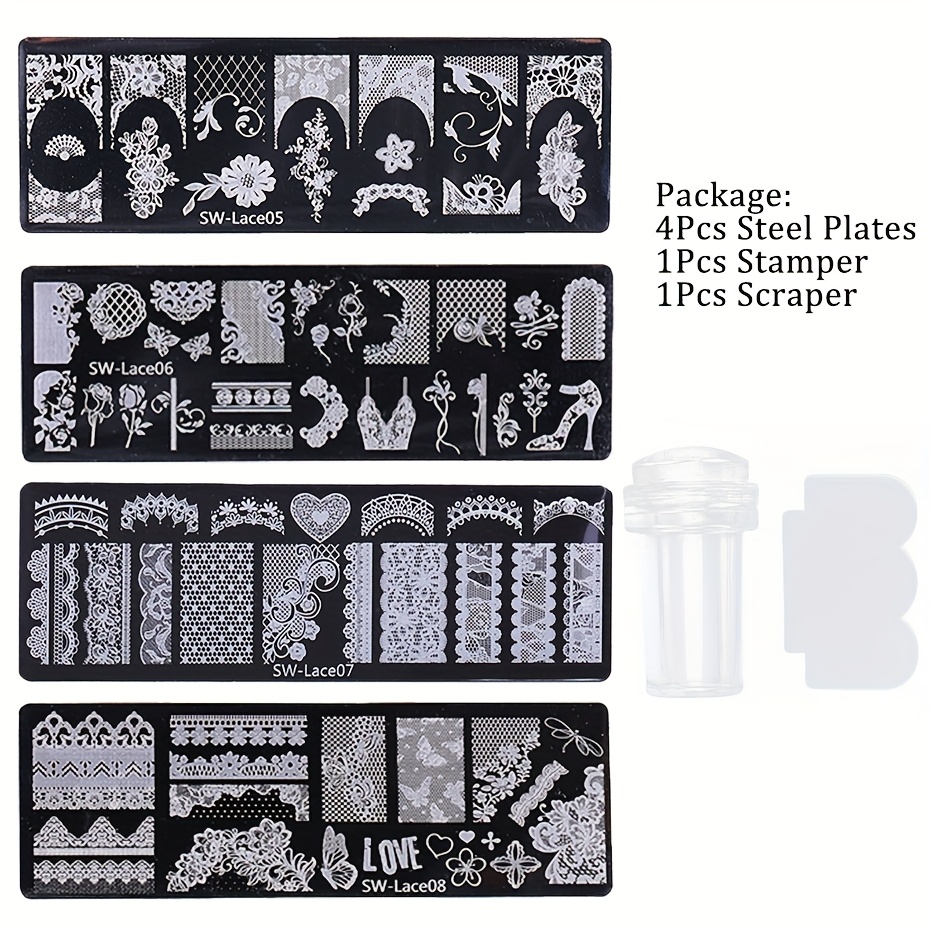 TEMU 4pcs Lace Flower Nail Plates Set 3d Heart Bow Rose Polish Printing Template High Heels Nail Art Stencils Manicure Tools