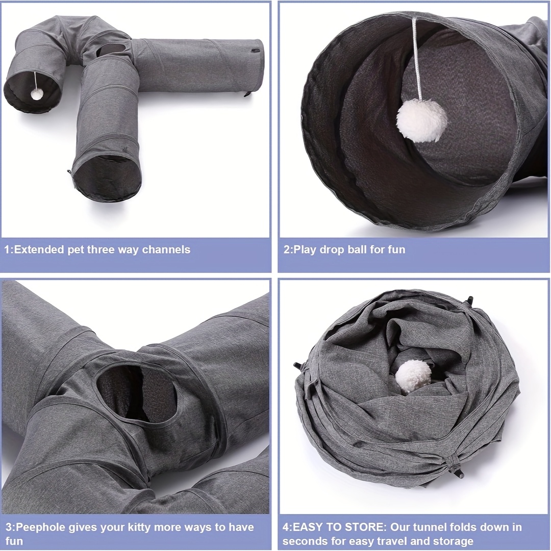 Cat Cave Large 3-Way Foldable Fabric Pet Tunnel with Plush Ball and Feather Toys U-Shaped Cat Toy Tunnel Suitable for Indoor Cats, Small Dogs, Kittens, Rabbits
