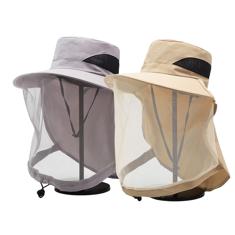 TEMU 2pcsanti-mosquito Hat Men's Fishing Hat Face Covering Sunscreen Breathable Mesh Mask Night Fishing Insect-proof Women's Anti-bee Hat Women's