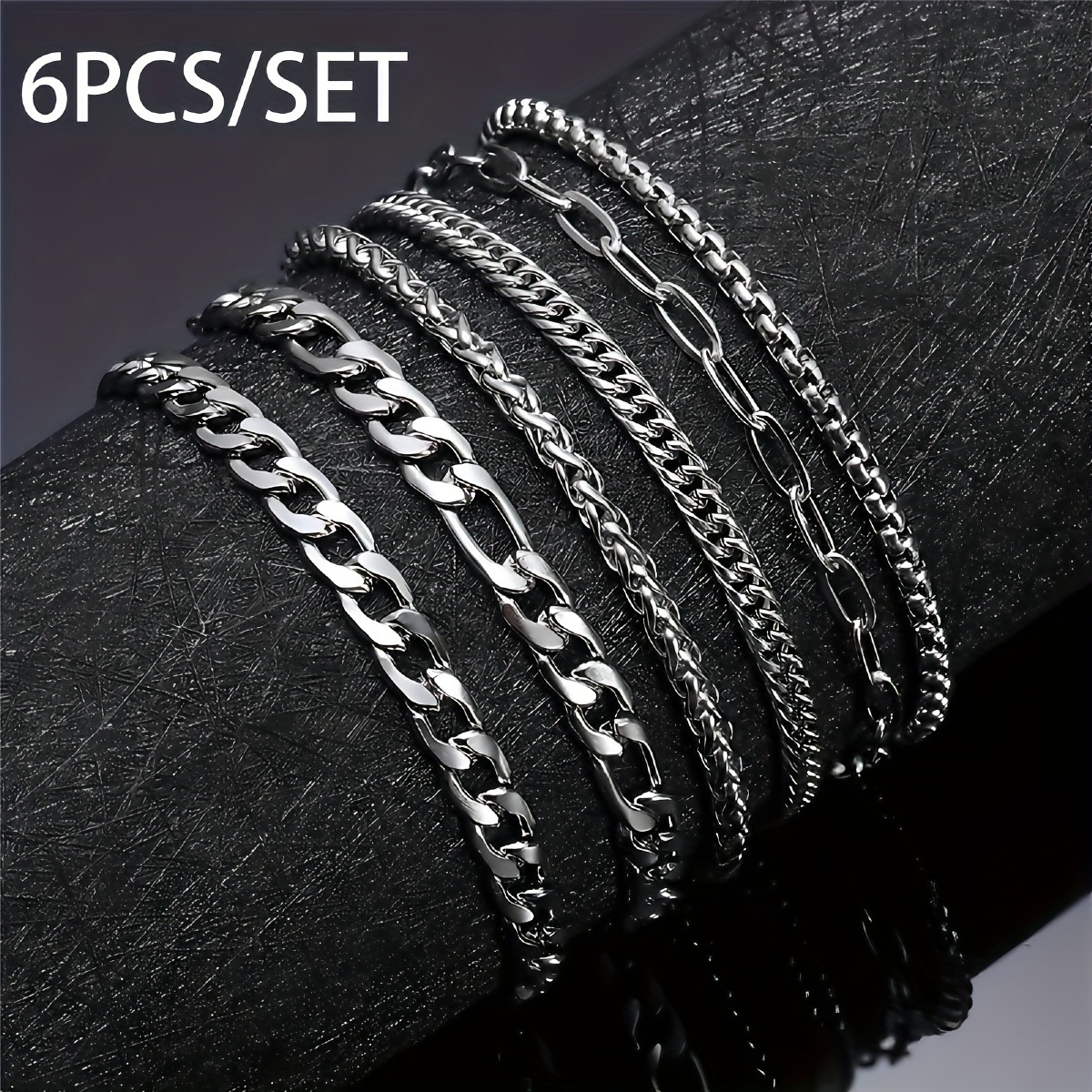 

6pcs Stainless Steel Chain Bracelets For Men Women 2mm Cuban Snake Twists Rope Box Beads Paperclip Link Chain Bracelet Sets Jewelry Gifts 7 Inches Length Adjustable