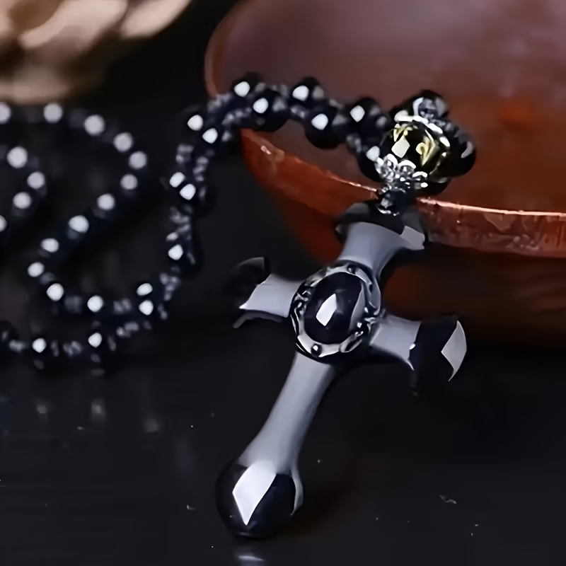 Women's Obsidian Cross Pendant Necklace, Bohemian Amulet