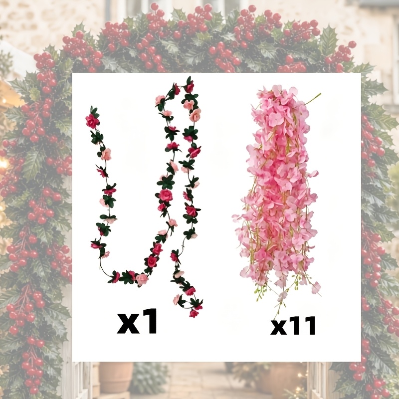 TEMU 12pcs Red Rose Wisteria Flowers + Pink Vine Flowers, Durable And Easy To Hang, Suitable For Various Scenes Such As Home, Garden, Photo Studio,