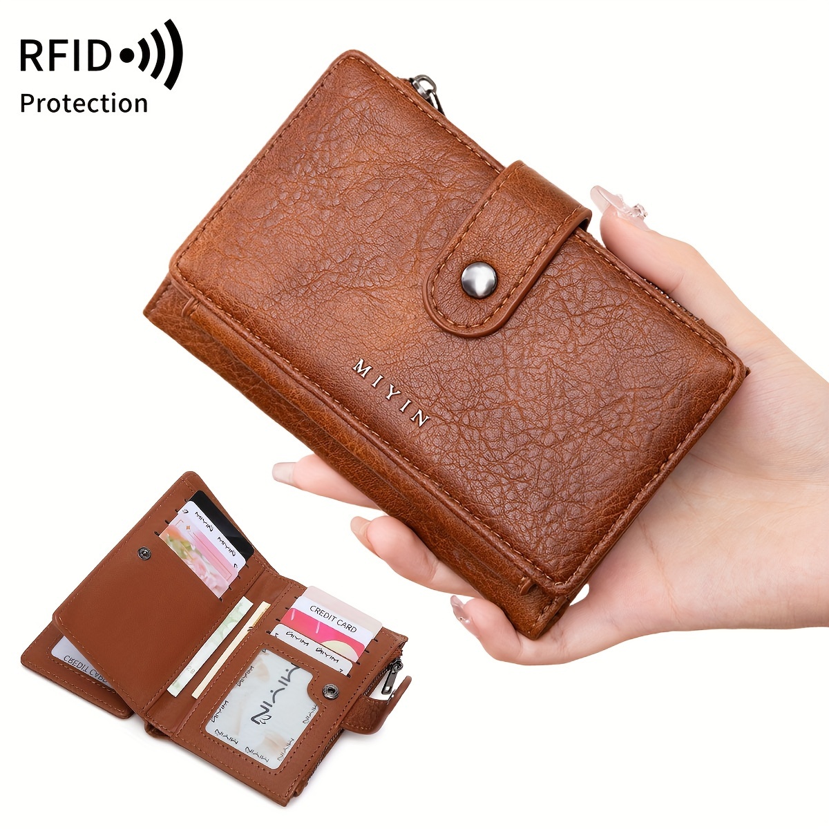 

Vintage Style Women' Color Wallet Rfid Blocking Fold Clutch Purse Snap Closure, With Multi-card Slots