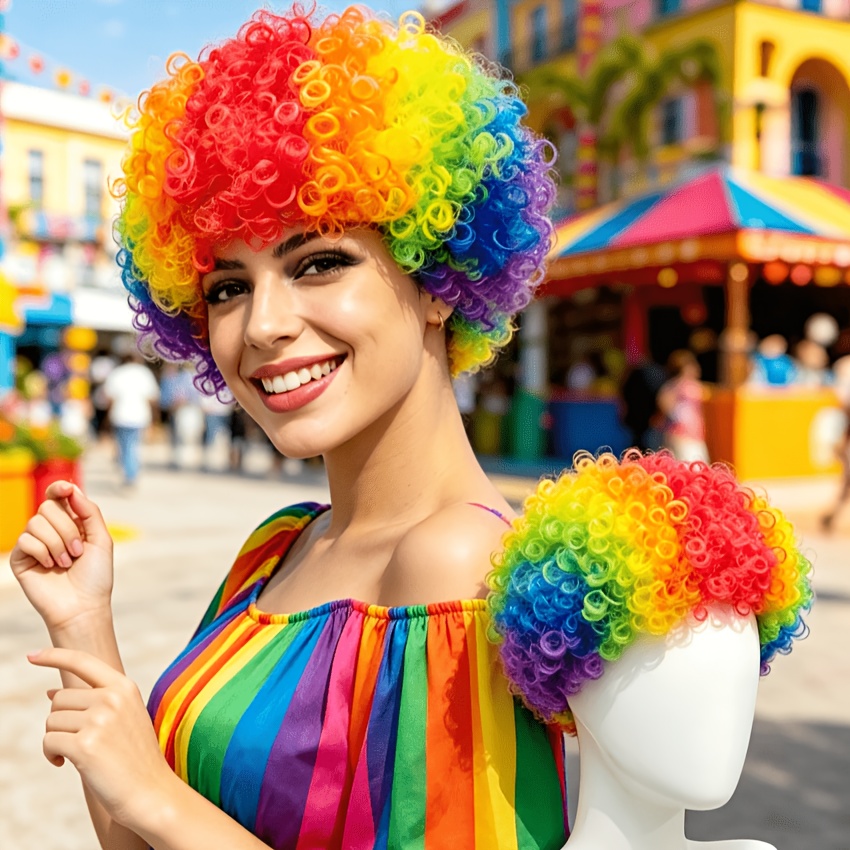 TEMU Multi-colored Fluffy Curly Synthetic Clown Wig For Women, Heat-resistant Afro Colored Wig, Halloween Cosplay Costume Wig, Bright Party Festival