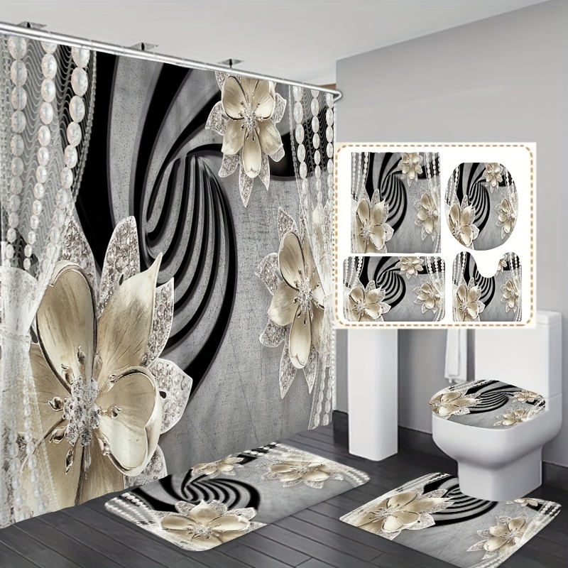 

1/3/4pcs Pearl & Diamond Floral Shower Curtain Set, 3d Rustic Gray Bathroom Decor With Bath Rug, Toilet Lid Cover & Floor Mat, 70.8x70.8 Inches Curtain With Hooks