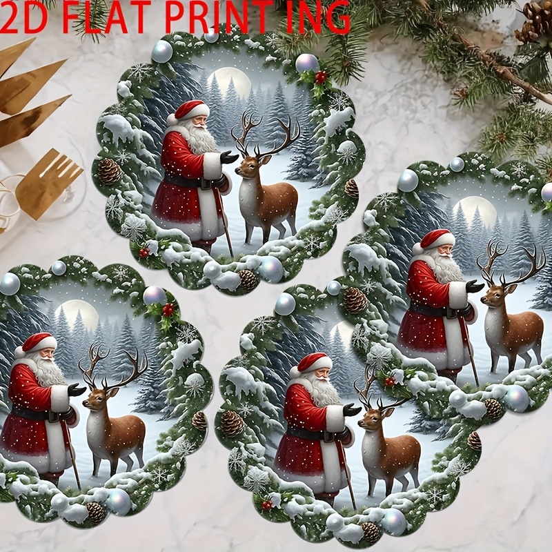 Image of A Set Of 4 Placemats Featuring Santa Claus And Reindeer. (2d Flat Print) Of The Design Showcases Santa And , Surrounded By Christmas Elements Like Pine Branches, Snowflakes, And Colorful Balls