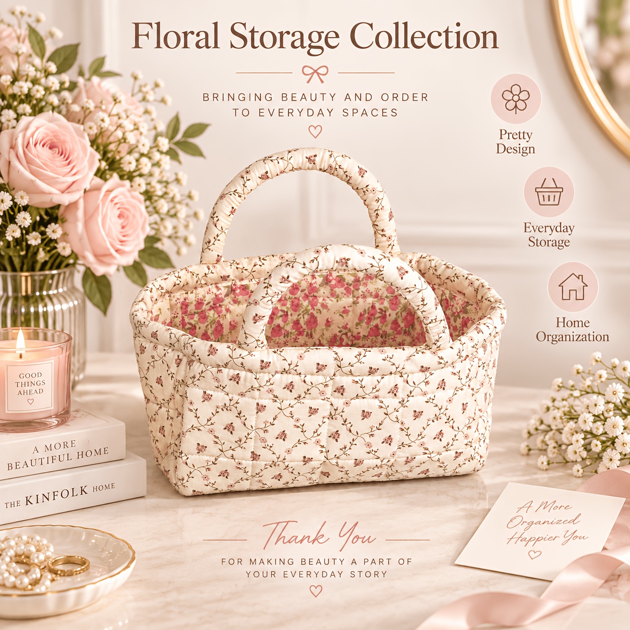 TEMU Panier de rangement en tissu matelassé floral avec poignées, organisateur pour cosmétiques, articles de toilette, fournitures de bureau et ,