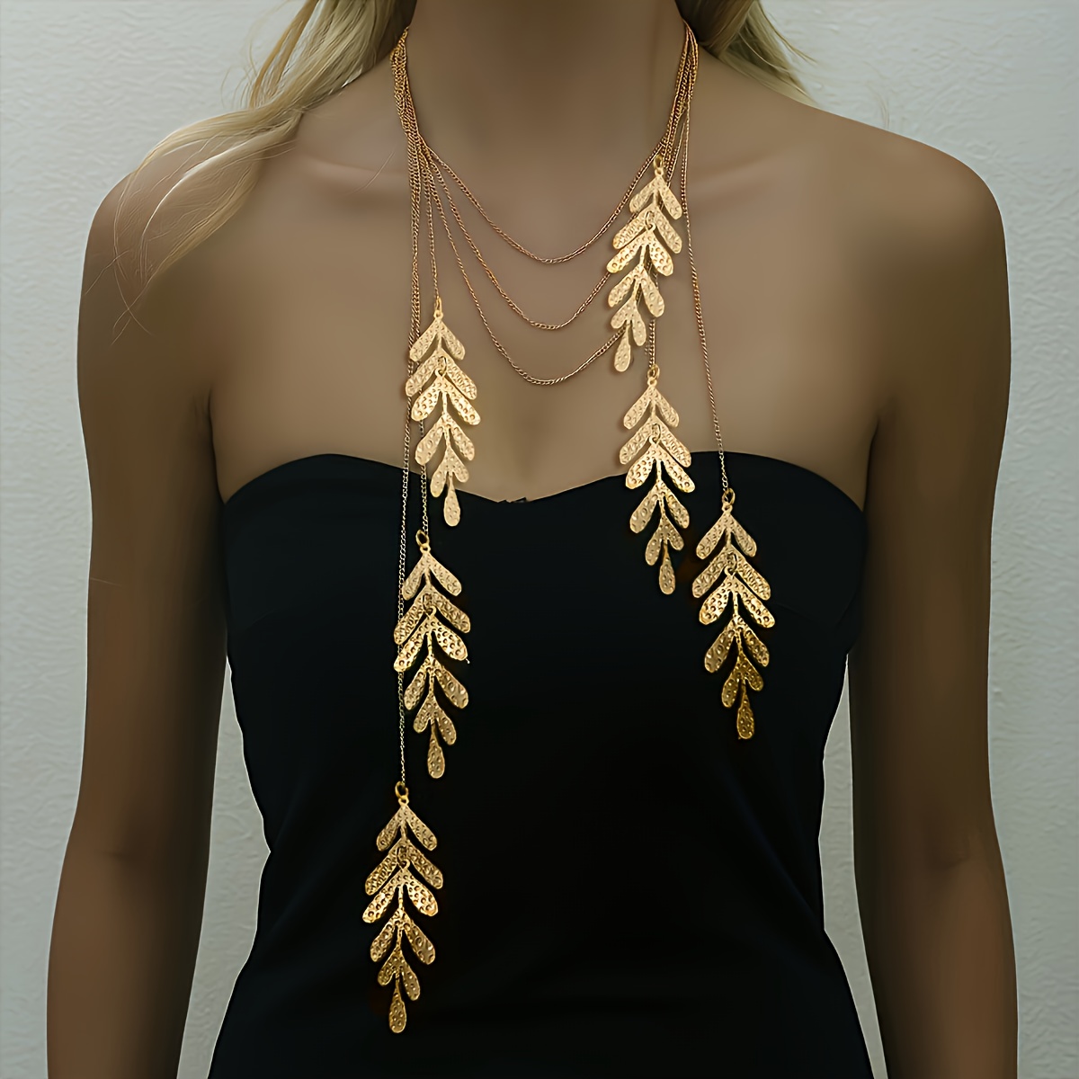 Image of 1 Fashionable Sexy Personality Chain Long Leaf Tassel Necklace, Women's Party Banquet Jewelry