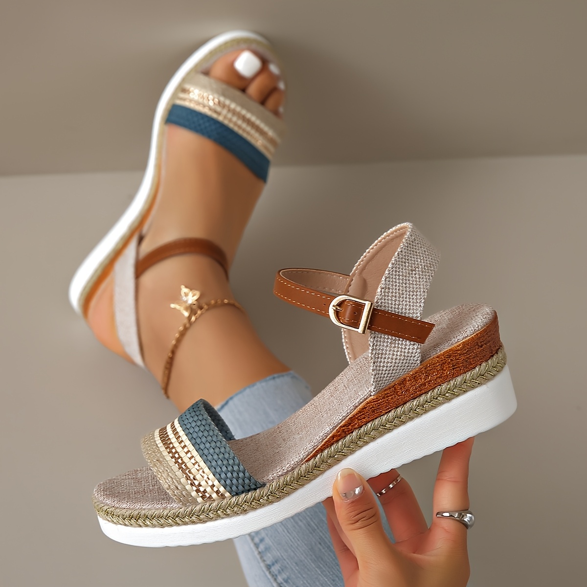 womens bohemian style platform sandals open toe slip on wedge   casual   shoes with braided straps and beige upper   beach and casual attire beach footwear bohemian sandals platform heel sandals Product details 0