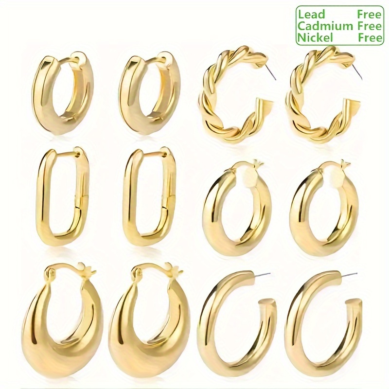 

C-shaped Chunky Hoop Earrings 6pairs Set 18k Gold Plated For Women Girls Gift