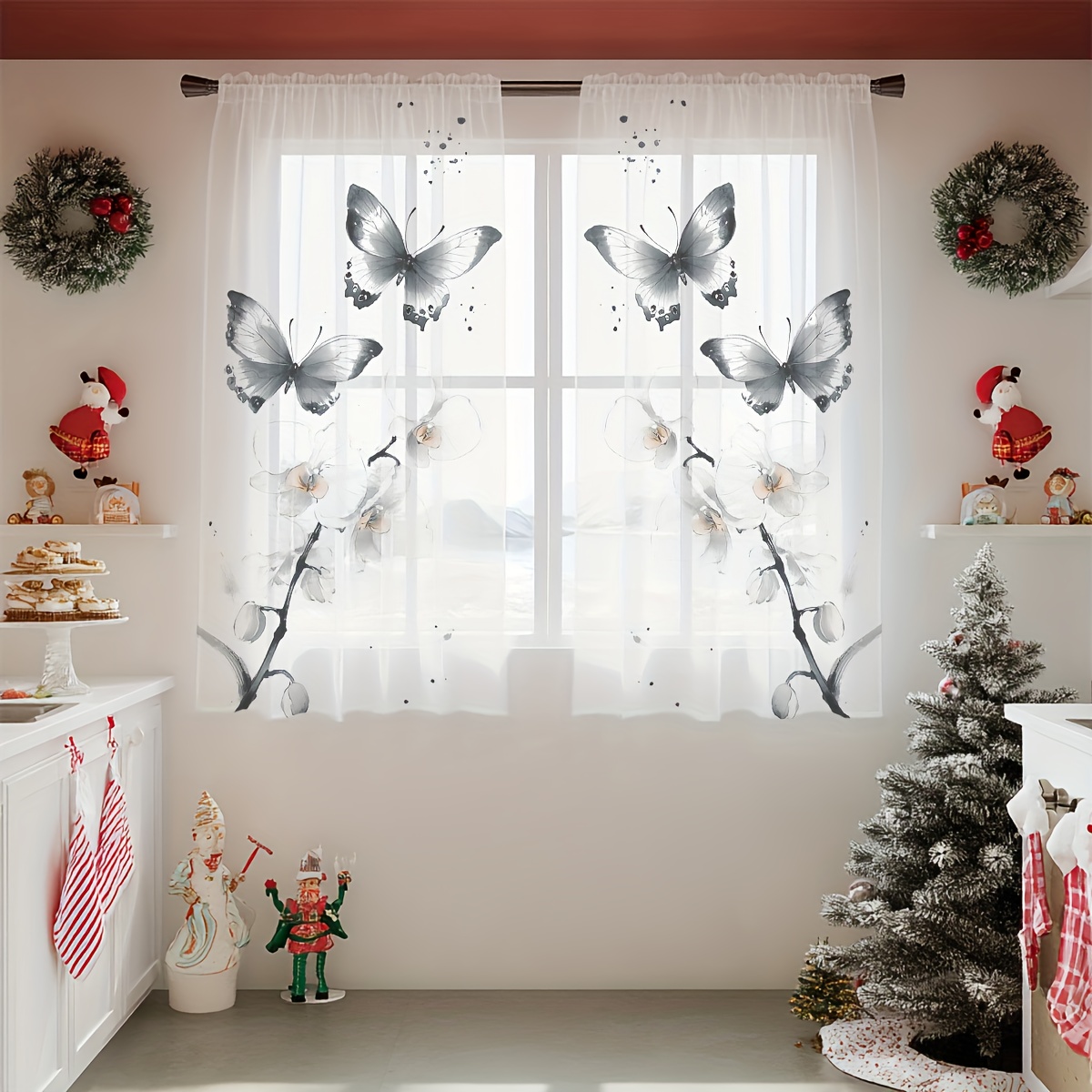 TEMU Cortinas para decoración de ventanas de , regalos y fiestas, 2 piezas de cortinas estampadas, cortina translúcida con mariposas, tinta y