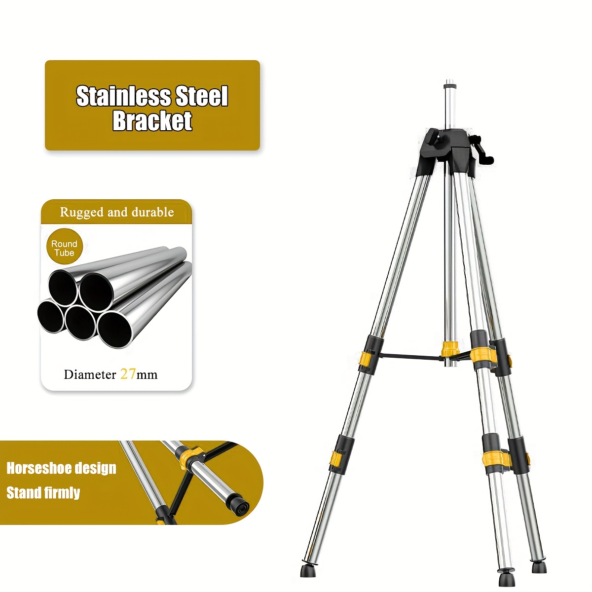 

Stainless Steel Tripod, Steel Pipe Diameter 27mm, -bearing, Professional Tripod, Suitable For Laser Levels, Horseshoe Foot Design, Standing, With Adapter, 5/8" To 1/4