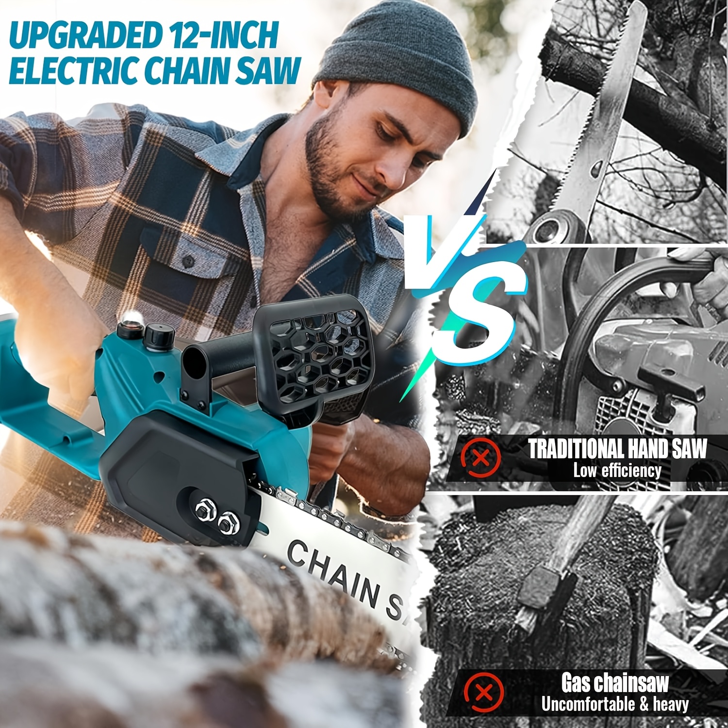 Безчетков верижен трион 18V, съвместим с батерия Makita DUC307ZX2 18V, 30.48 см верижен трион с 2x5000mAh батерии, едноръчен трион за градински ножици, секачи и рязане на дърва (без зарядно устройство)